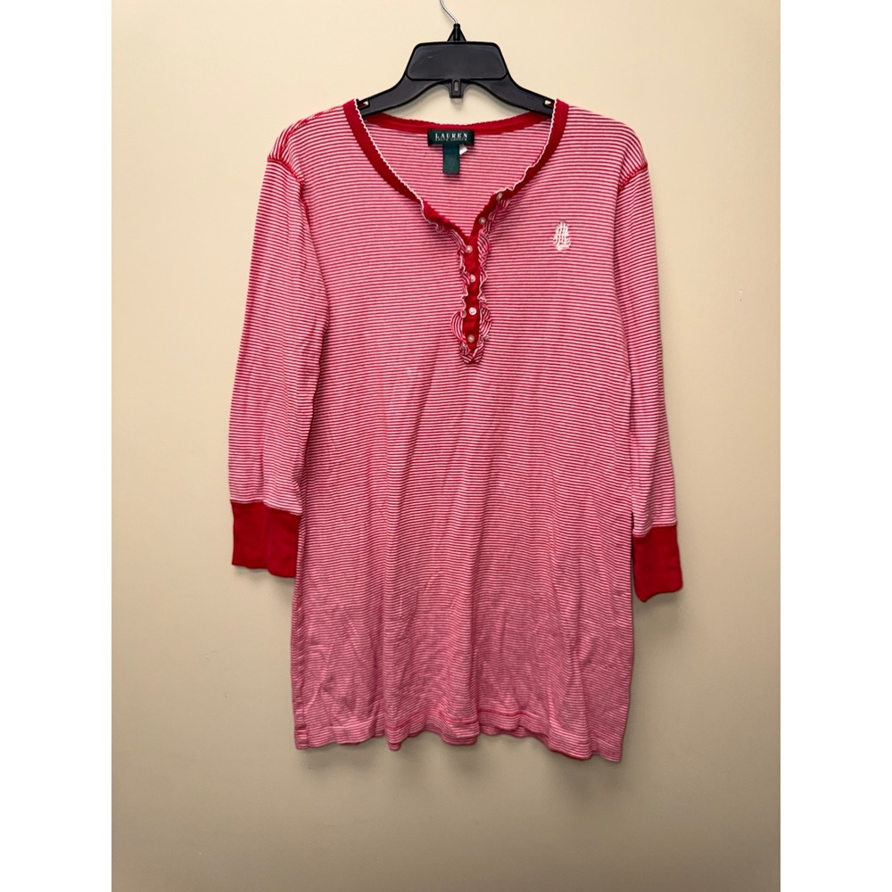 Lauren Ralph Lauren Red White Striped Ruffle Henley Sleep Shirt Nightgown XL